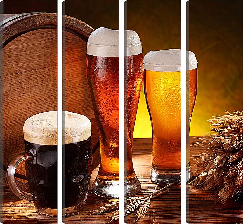 Модульная картина - Пиво в боченке, кружке и стаканах