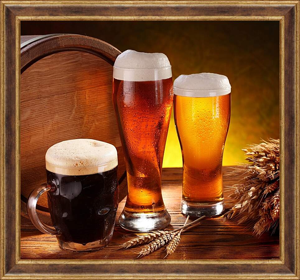 Картина в раме - Пиво в боченке, кружке и стаканах