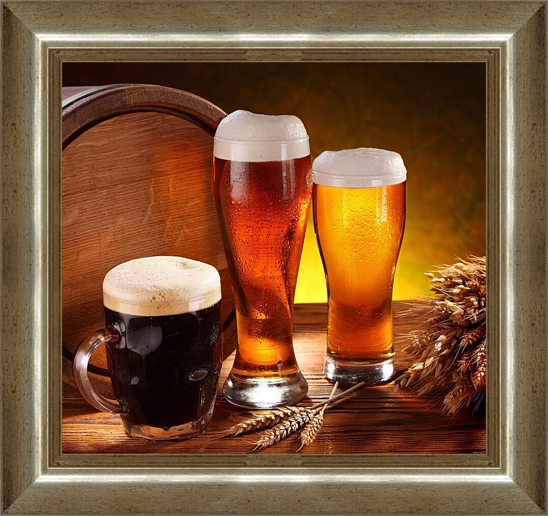 Картина в раме - Пиво в боченке, кружке и стаканах