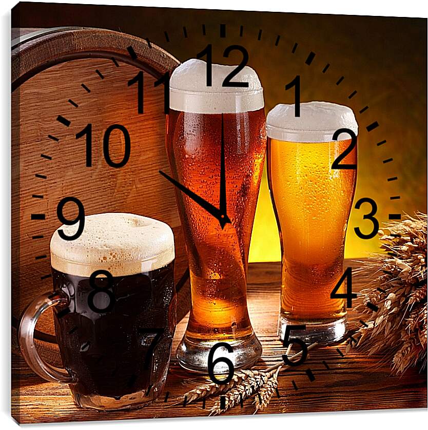 Часы картина - Пиво в боченке, кружке и стаканах