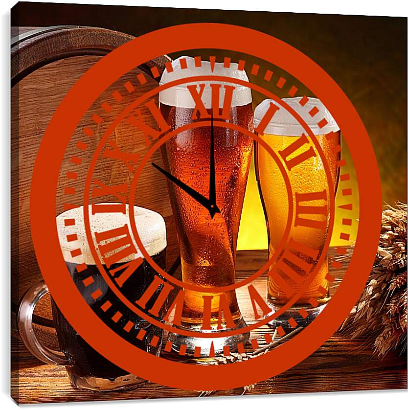 Часы картина - Пиво в боченке, кружке и стаканах