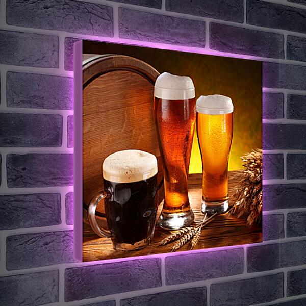 Лайтбокс световая панель - Пиво в боченке, кружке и стаканах