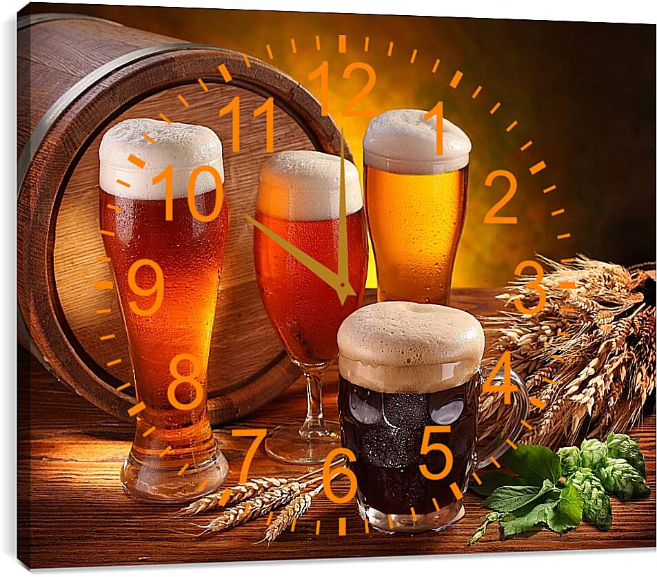 Часы картина - Пиво в боченке и кружках