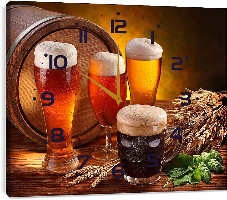 Часы картина - Пиво в боченке и кружках
