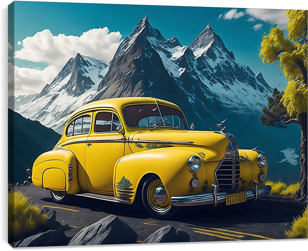Постер и плакат - Ретро автомобиль на фоне гор