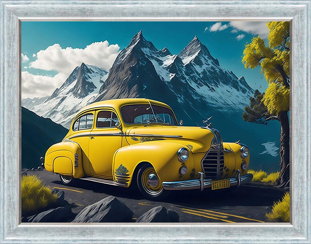 Картина в раме - Ретро автомобиль на фоне гор