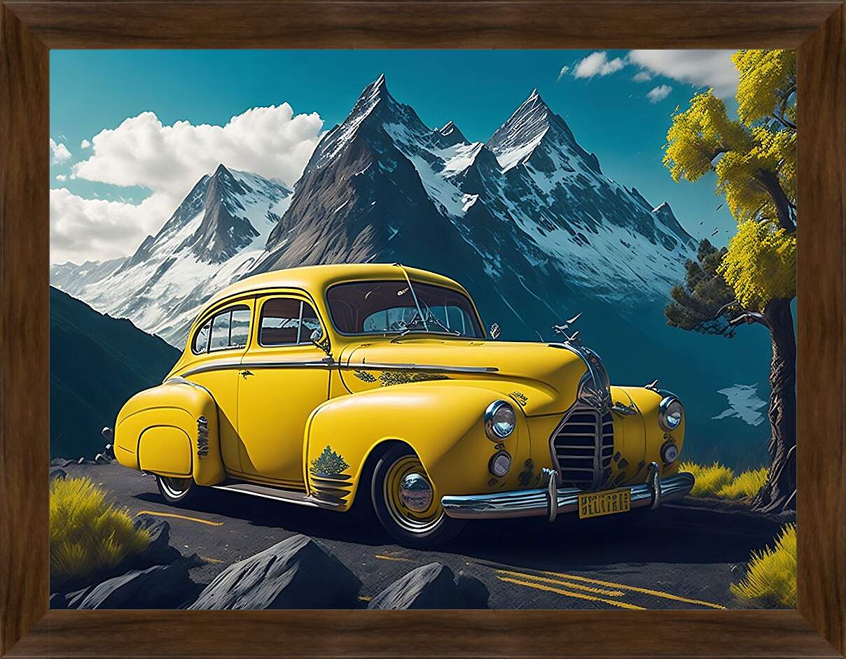 Картина в раме - Ретро автомобиль на фоне гор