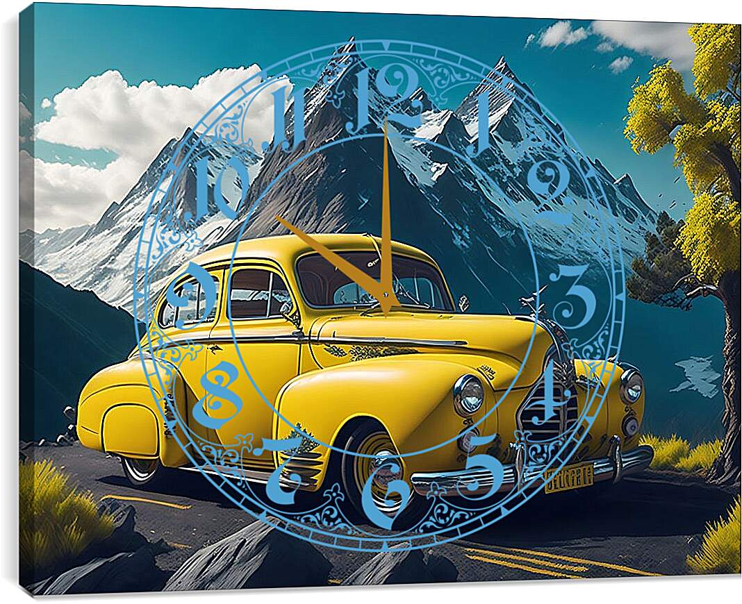 Часы картина - Ретро автомобиль на фоне гор