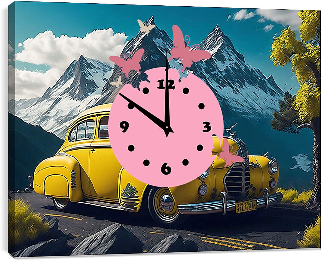 Часы картина - Ретро автомобиль на фоне гор