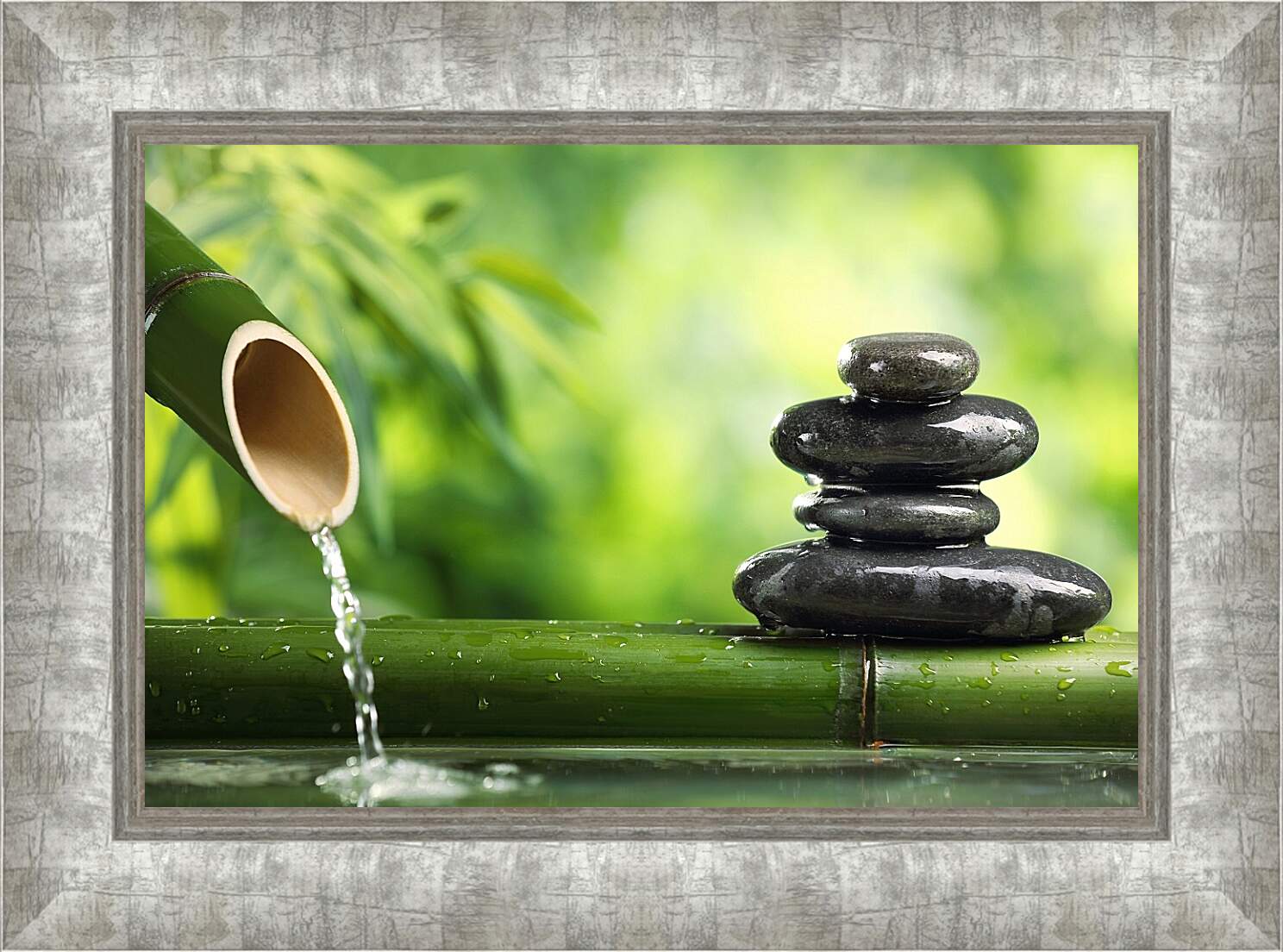 Картина в раме - Камни, вода, бамбук
