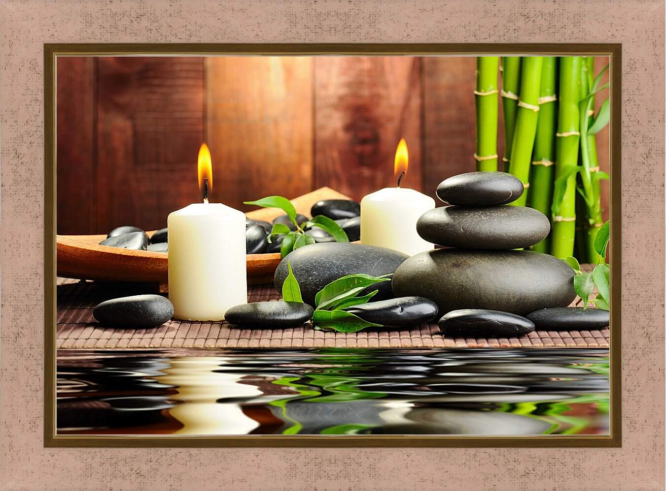 Картина в раме - Бамбук, камни, свечи, вода