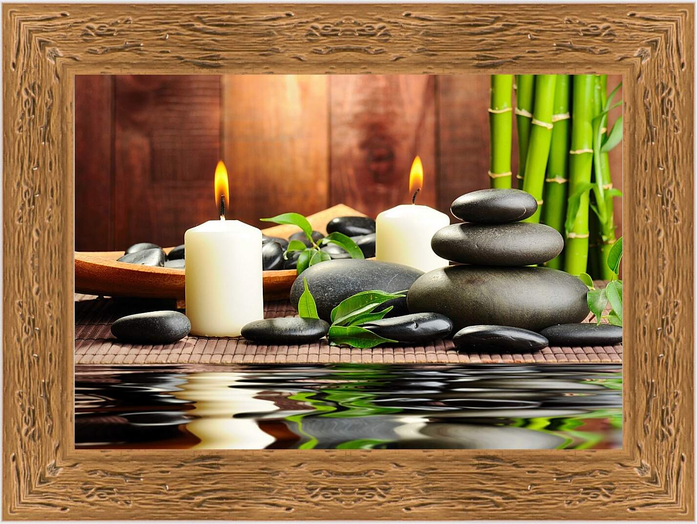 Картина в раме - Бамбук, камни, свечи, вода