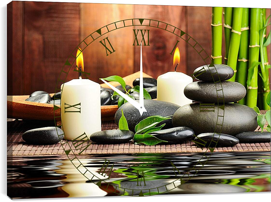Часы картина - Бамбук, камни, свечи, вода