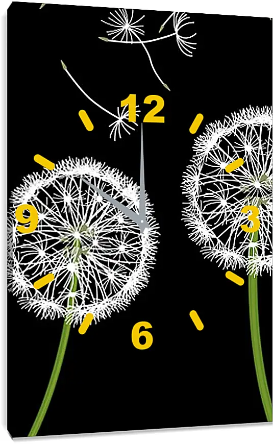 Часы картина - Одуванчики на чёрном фоне