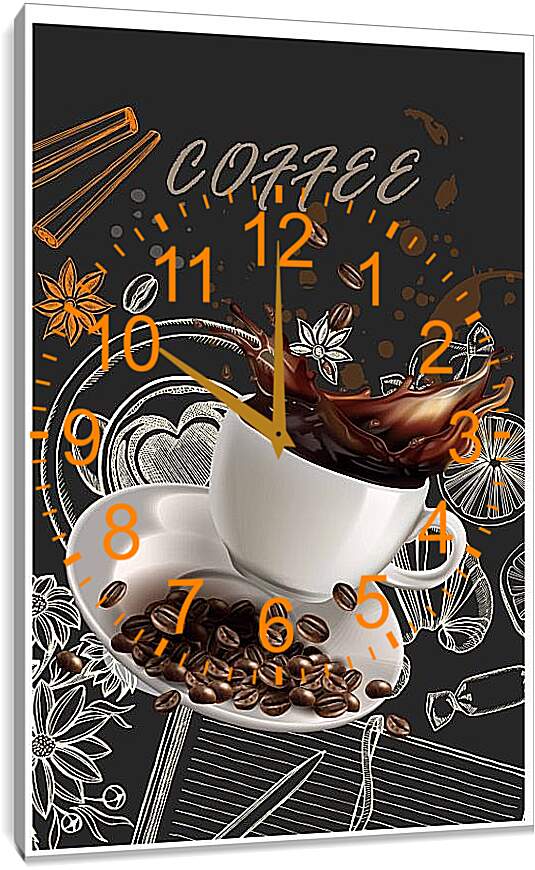 Часы картина - Брызги кофе и зёрна на блюдце