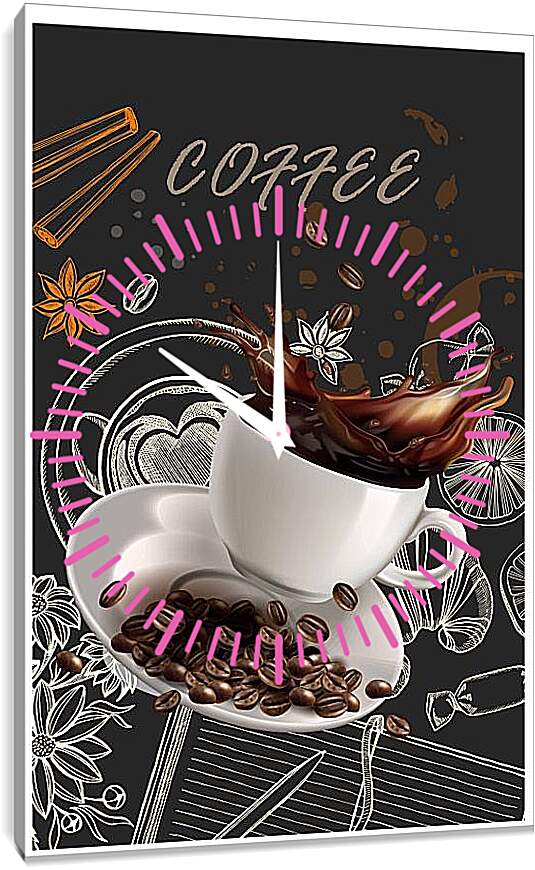 Часы картина - Брызги кофе и зёрна на блюдце