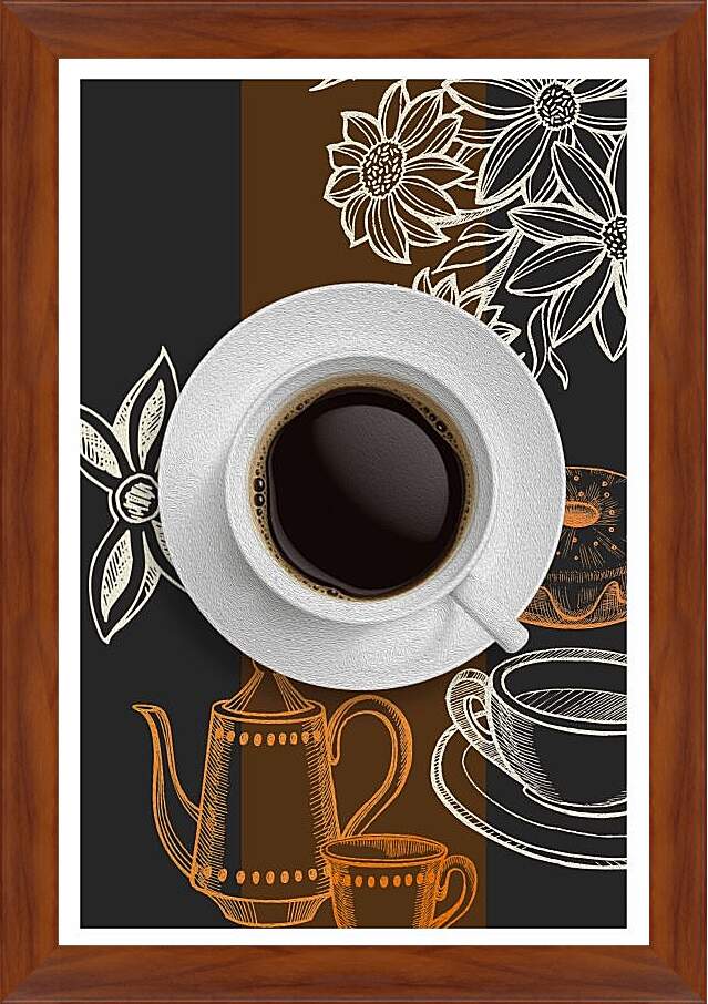 Картина в раме - Чашка кофе на белом блюдце