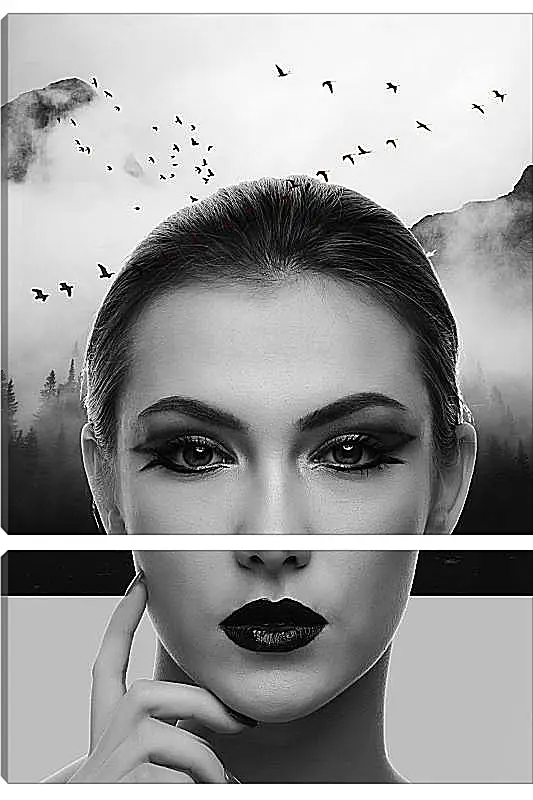 Модульная картина - Лицо девушки на фоне птиц