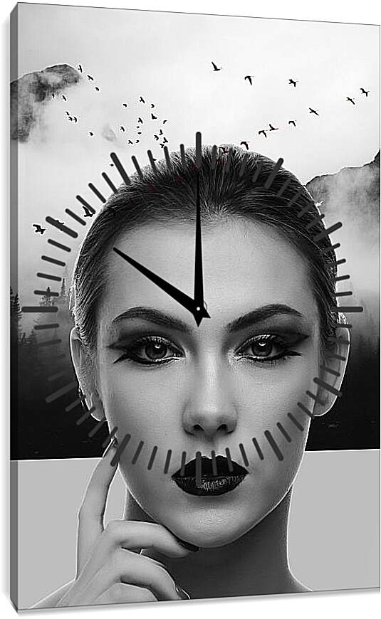Часы картина - Лицо девушки на фоне птиц