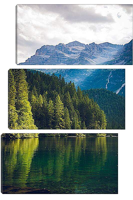 Модульная картина - Лес возле водоёма и горы