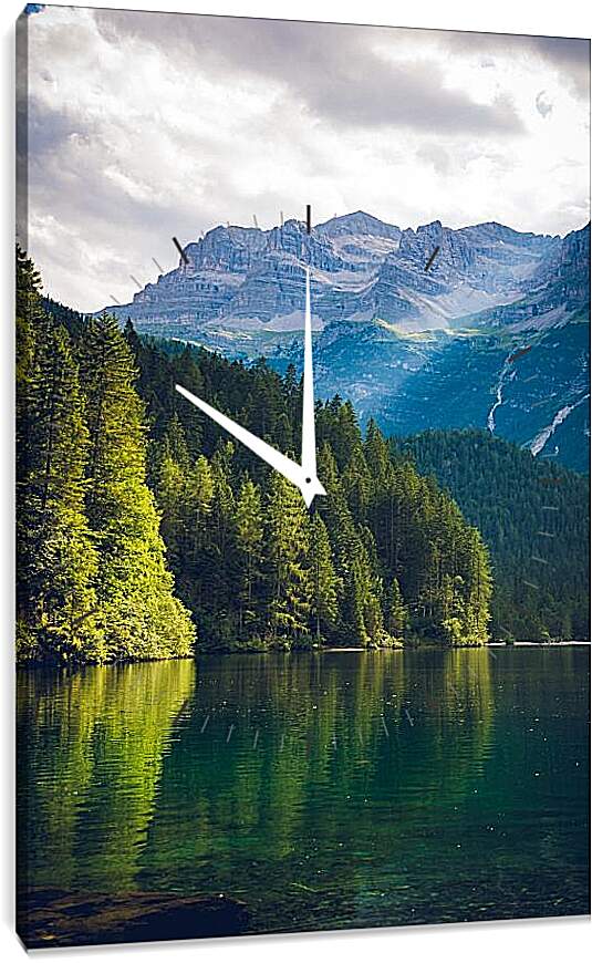 Часы картина - Лес возле водоёма и горы