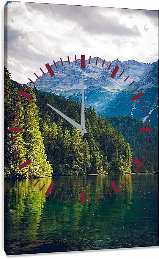 Часы картина - Лес возле водоёма и горы