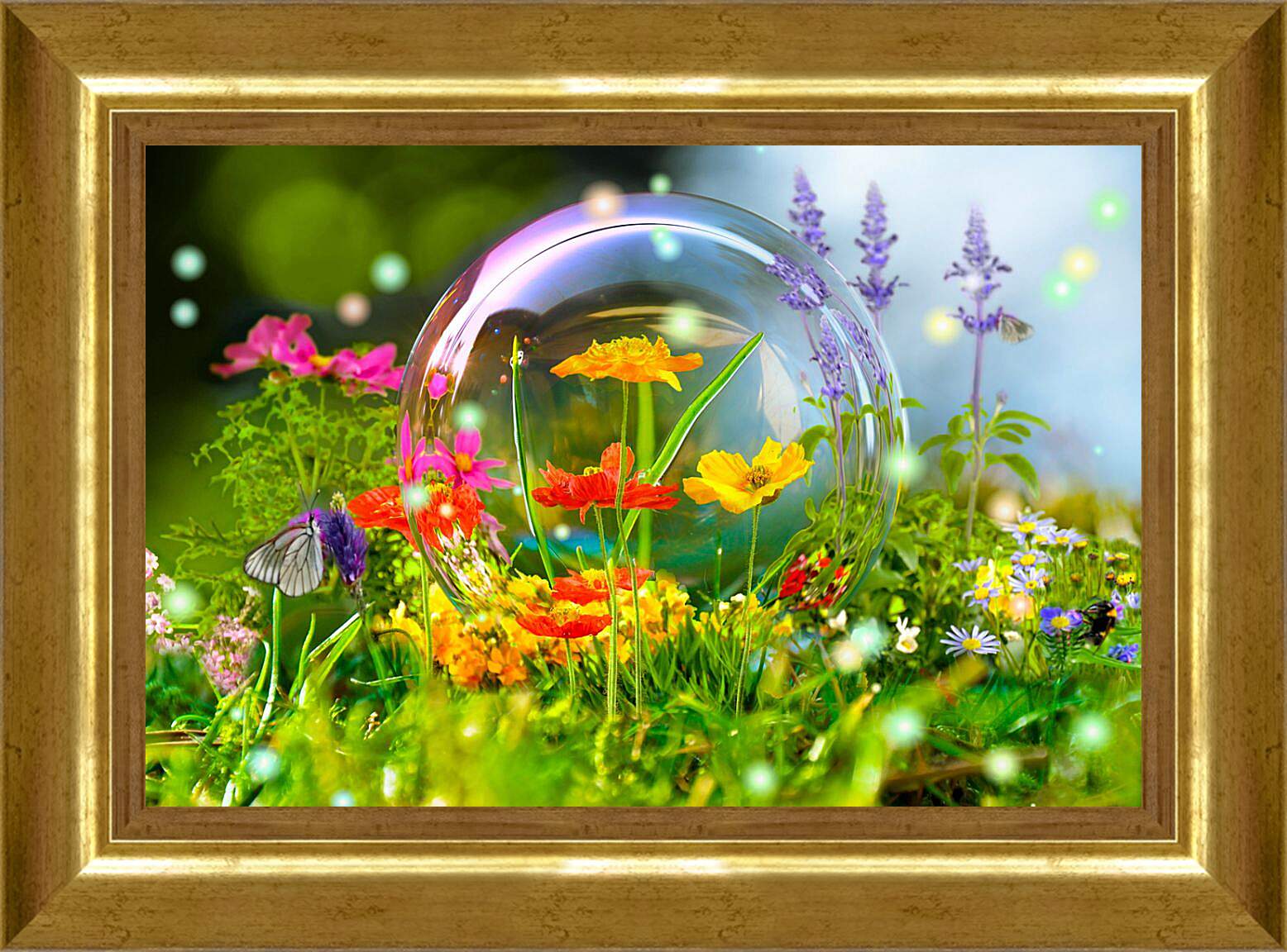 Картина в раме - Бабочки и мыльный пузырь