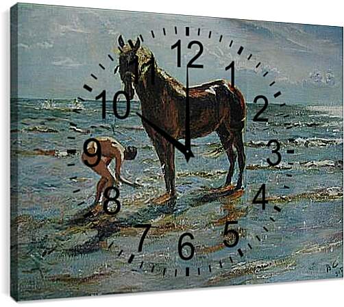 Часы картина - Купание коня. Валентин Александрович Серов