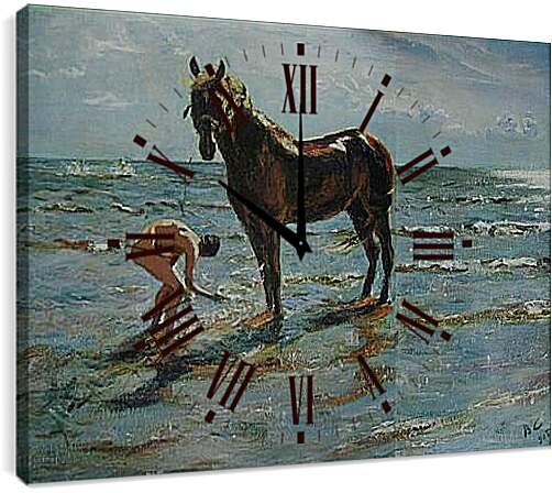 Часы картина - Купание коня. Валентин Александрович Серов