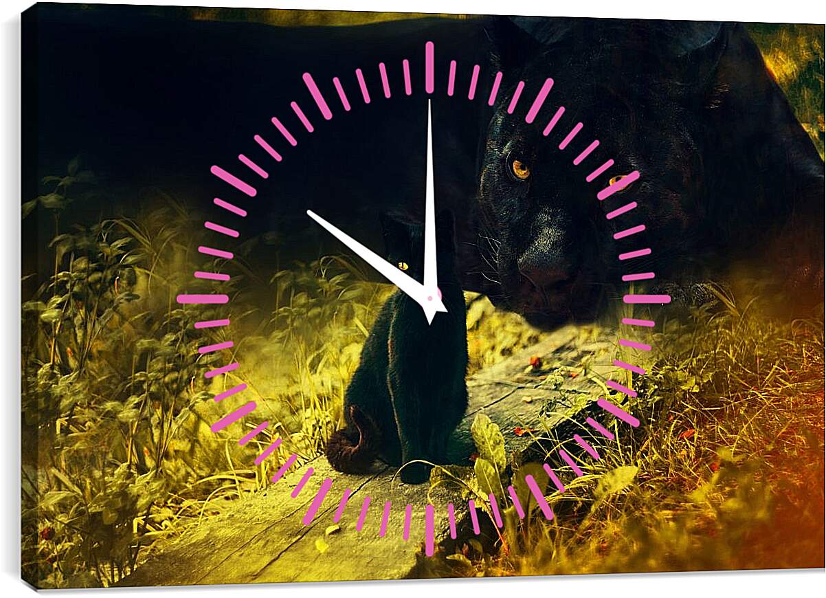 Часы картина - Пантера и детёныш
