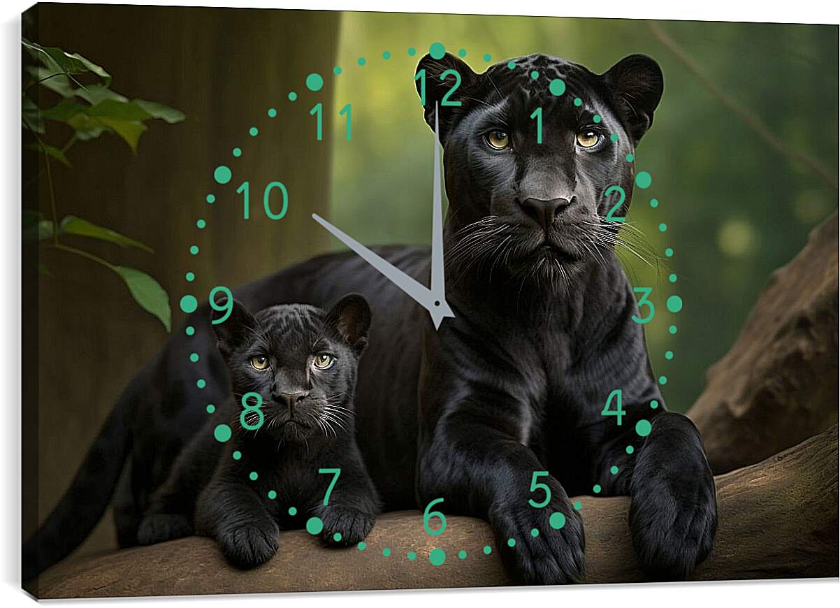 Часы картина - Пантера с детёнышем