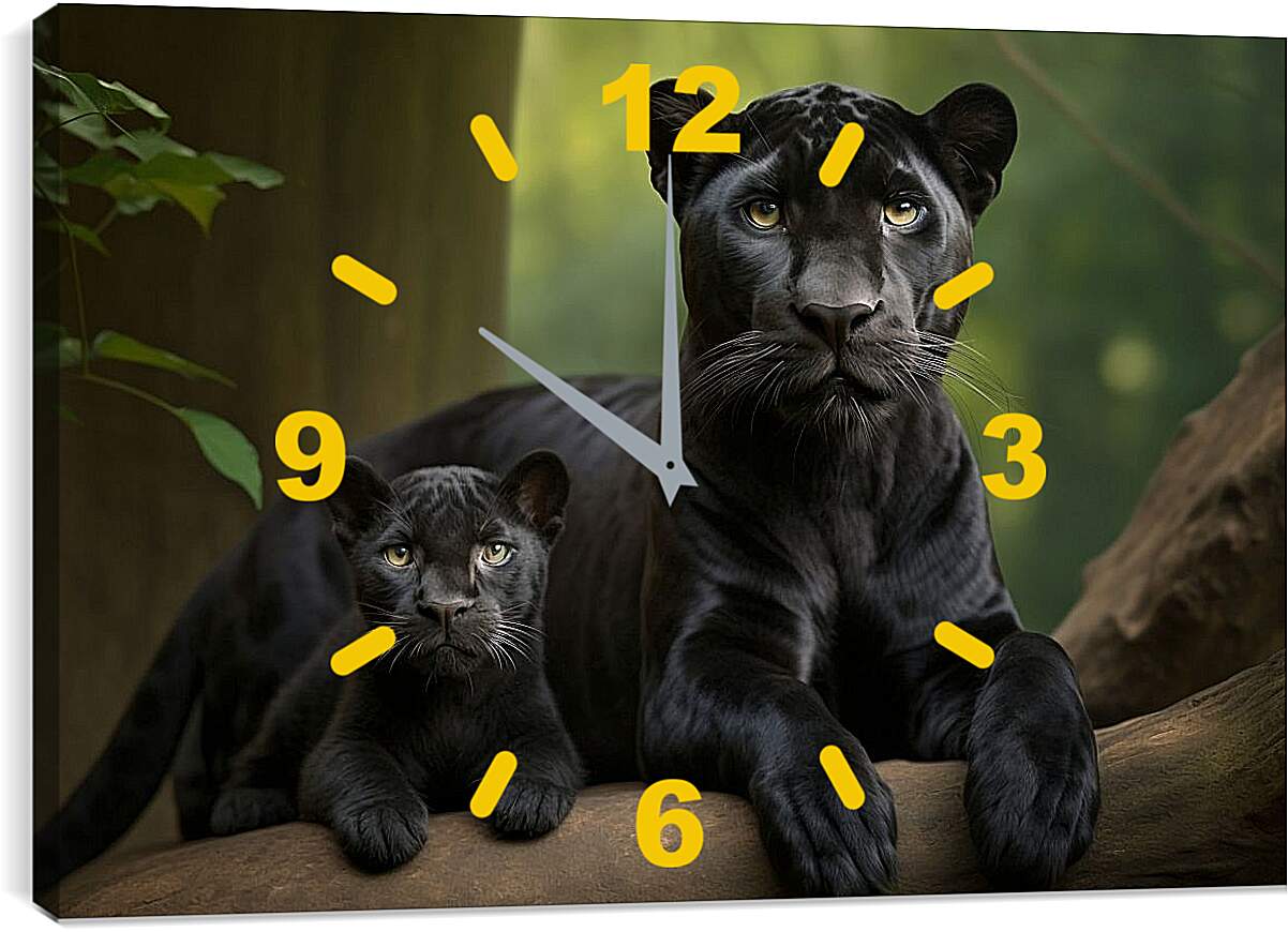Часы картина - Пантера с детёнышем