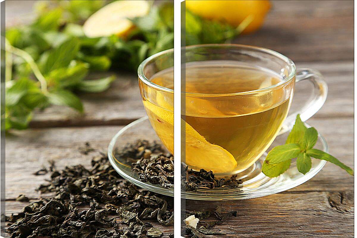 Модульная картина - Чашка чая с лимоном на блюдце