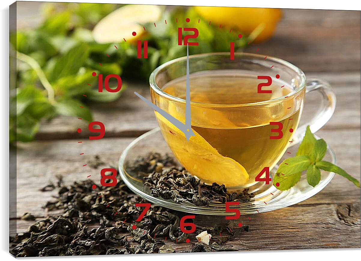 Часы картина - Чашка чая с лимоном на блюдце