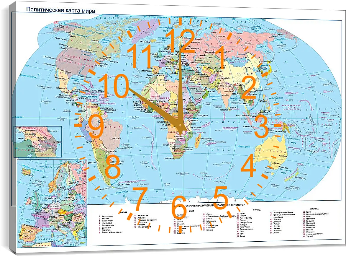 Часы картина - Политическая карта мира. Географическая карта