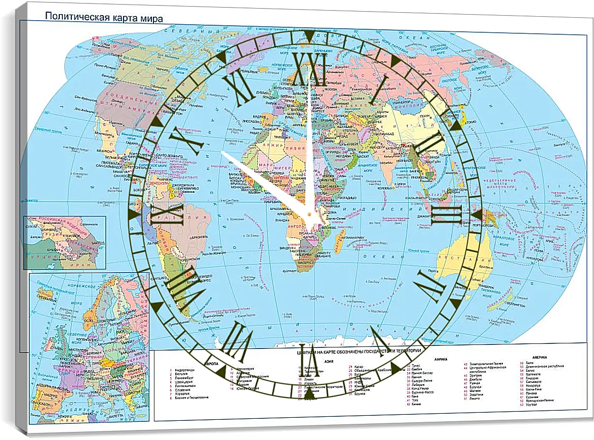 Часы картина - Политическая карта мира. Географическая карта