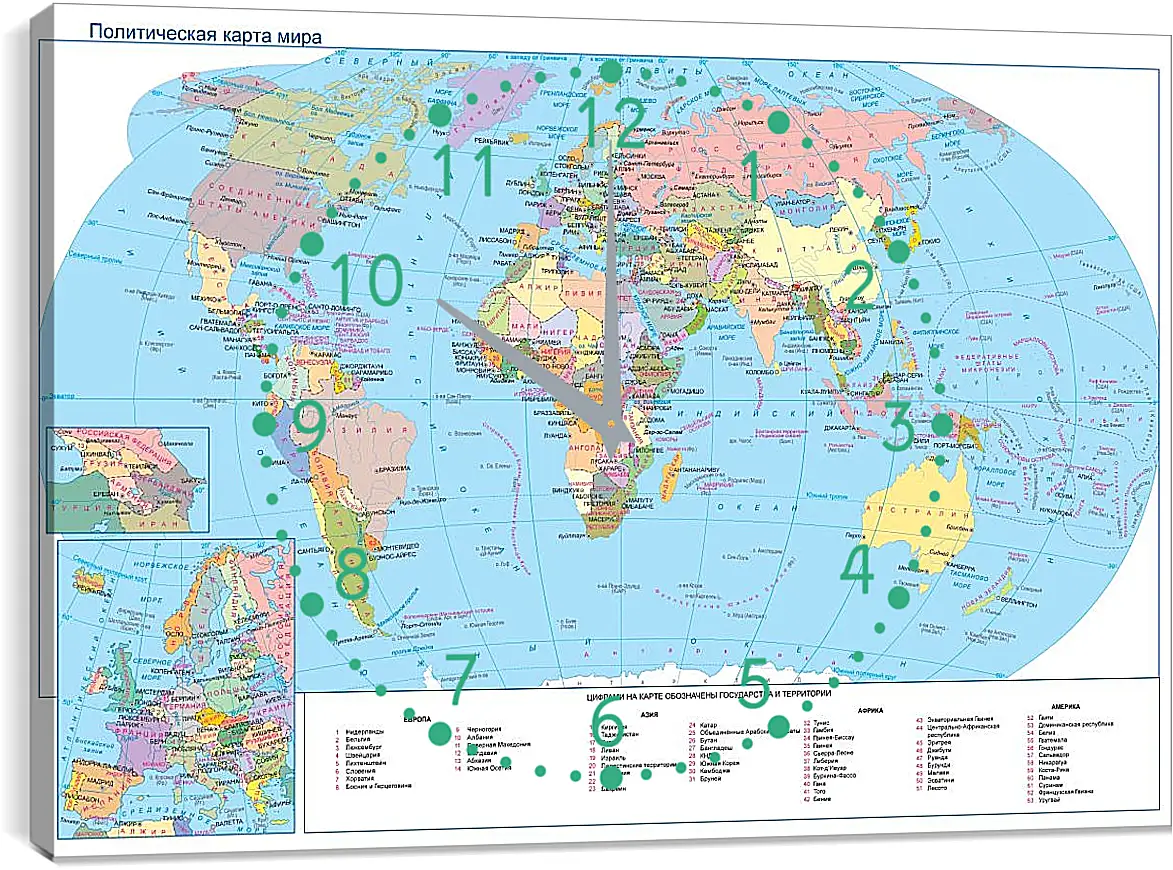 Часы картина - Политическая карта мира. Географическая карта