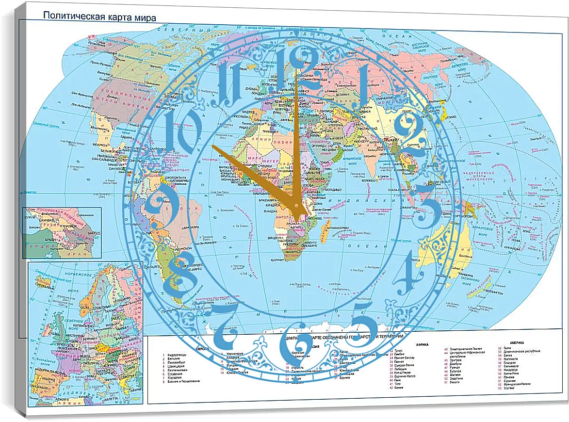 Часы картина - Политическая карта мира. Географическая карта
