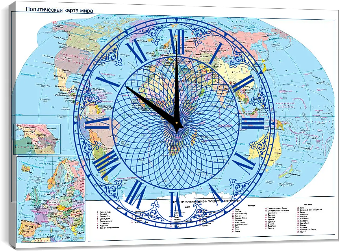 Часы картина - Политическая карта мира. Географическая карта