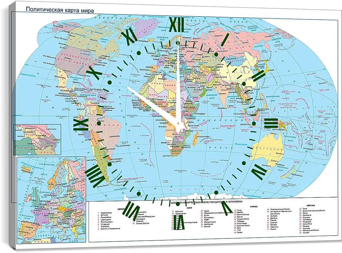 Часы картина - Политическая карта мира. Географическая карта