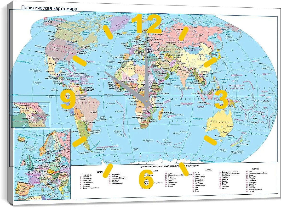 Часы картина - Политическая карта мира. Географическая карта