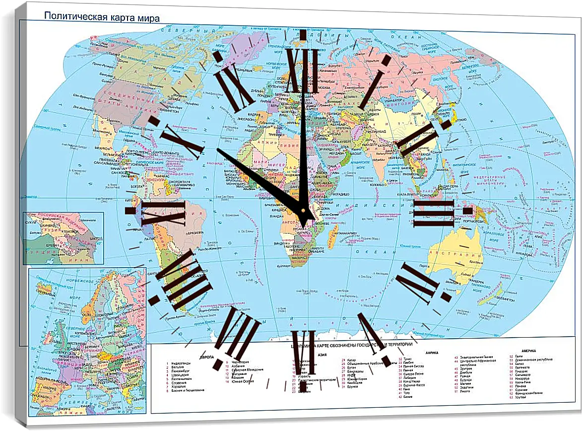 Часы картина - Политическая карта мира. Географическая карта