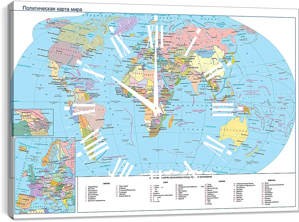 Часы картина - Политическая карта мира. Географическая карта