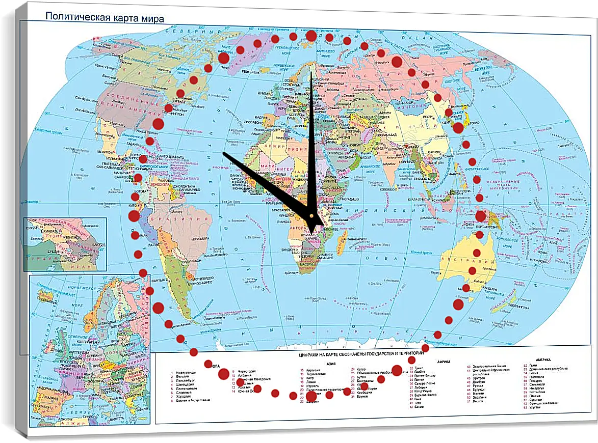 Часы картина - Политическая карта мира. Географическая карта
