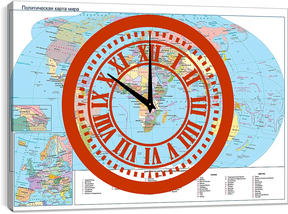 Часы картина - Политическая карта мира. Географическая карта