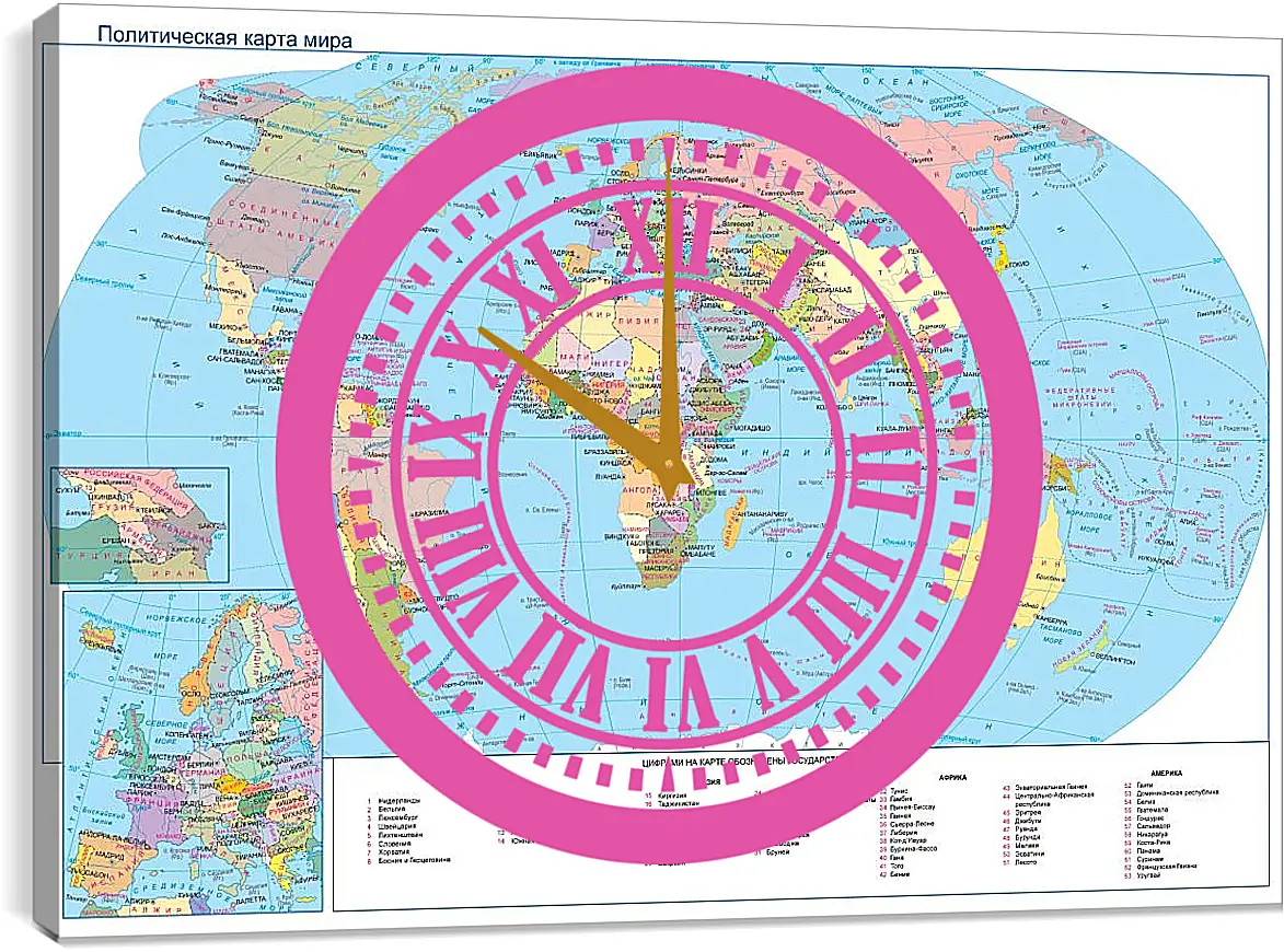 Часы картина - Политическая карта мира. Географическая карта