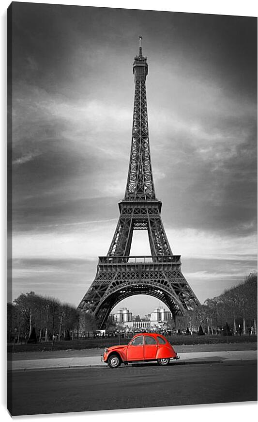 Постер и плакат - Красная машина на фоне Эйфелевой башни