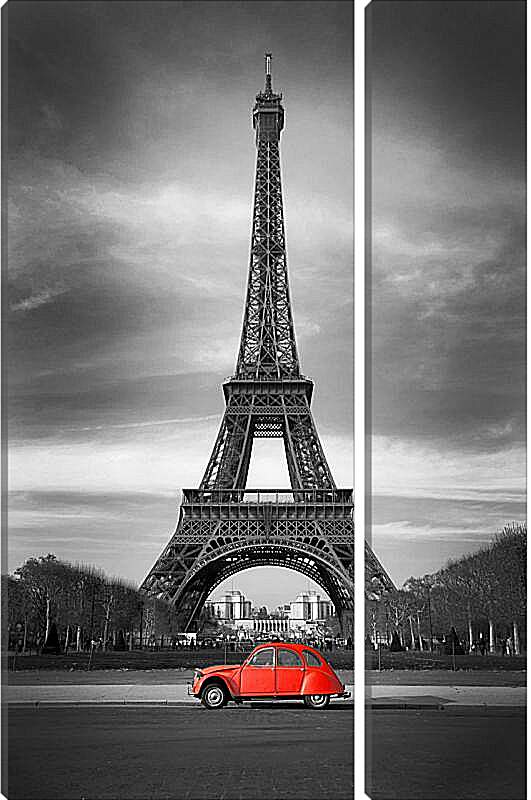 Модульная картина - Красная машина на фоне Эйфелевой башни