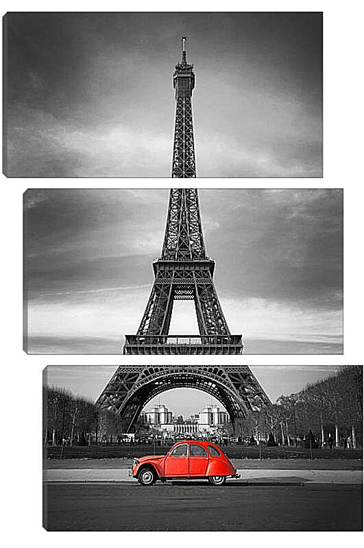 Модульная картина - Красная машина на фоне Эйфелевой башни