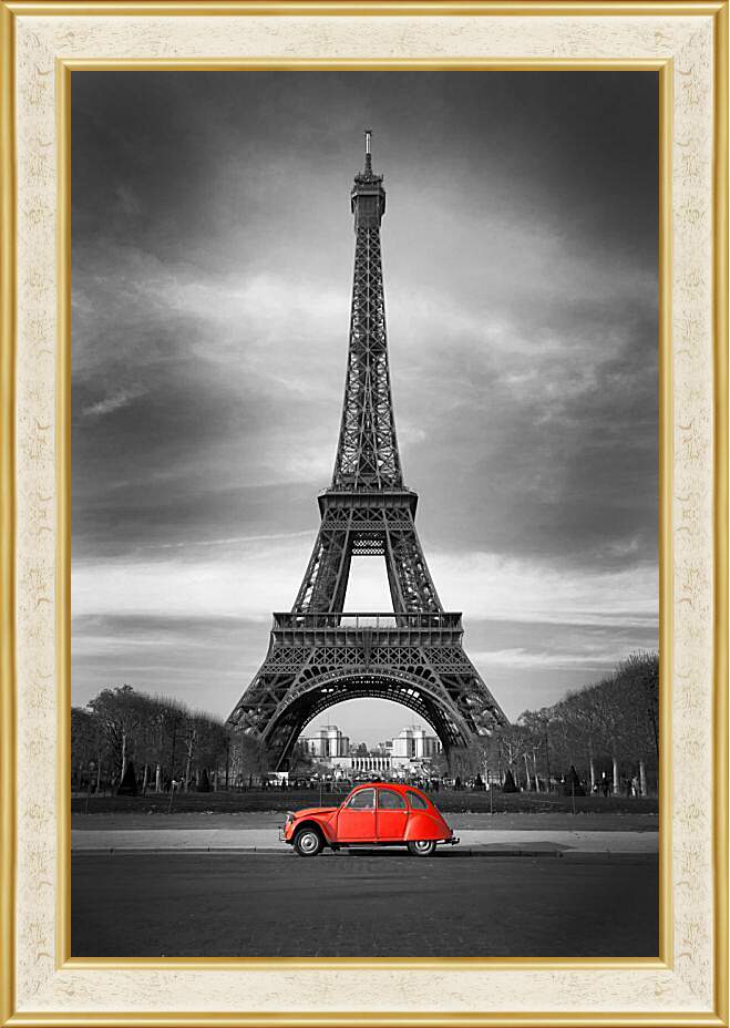 Картина в раме - Красная машина на фоне Эйфелевой башни